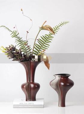 侘寂风红色陶瓷中古花民宿样板房酒店客厅餐桌桌面级感插花器