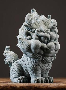 逗兽记 青砂石麒麟家居饰品摆件办公客厅工艺品鱼缸造景茶宠摆设