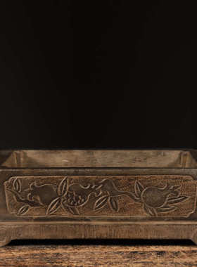 仿古石雕天然青石多子多福石盆复古民俗花盆中式茶席会所装饰摆件