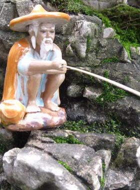 假山配件盆景饰品陶瓷钩鱼翁水族鱼缸吸水石水石景观钓鱼陶瓷