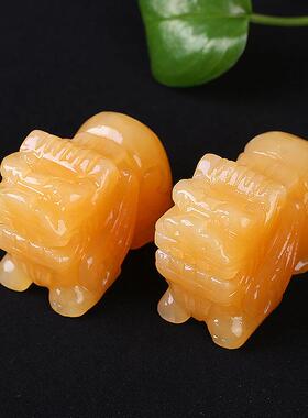 天然老黄玉貔貅摆件公母一对玉石汽车石雕客厅皮丘茶桌摆设吉祥物