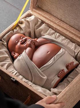 中式紫砂弥勒佛摆件大肚开 心笑佛像招财喜庆客厅玄关博古架工艺