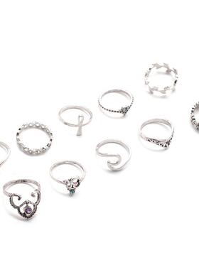 欧美外贸新款 复古镶嵌宝石镂空雕花关节戒指 树枝花套装戒指