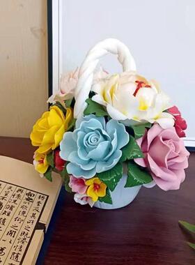 东方瓷土《花开富贵》陶瓷纯手工牡丹花篮装饰品摆件办公室客厅桌