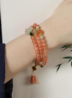 文艺小清新轻奢手链女冰飘南红桃花粉和田玉跑环祥云穗子多圈手链