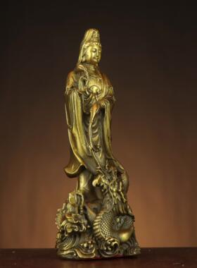 黄铜观音菩萨 御龙观音佛像 家居供奉神像摆件 站龙观音