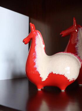 高档中式红陶瓷唐富贵小胖马对工艺品酒柜玄关电视柜色样一板间新