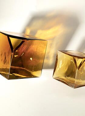 凹面魔方形水培玻璃花瓶家居软装插花工艺品几何花瓶摆件彩色玻璃