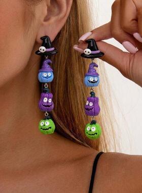 Halloween Witch Broom Colorful Pumpkin Skeleton Earrings万圣