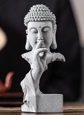 中式释迦牟尼佛佛像摆件青砂石鱼缸造景园艺桌面茶室装饰品如来茶