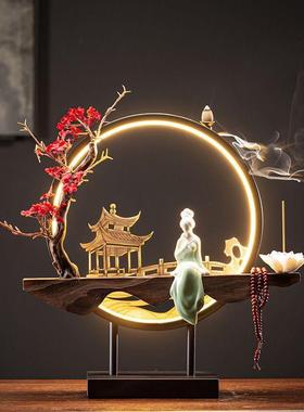 禅意摆件倒流香炉新款家用熏香炉摆件灯圈客厅茶桌面玄关装饰檀香