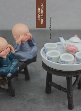 迷你桌椅摆件 原木彷真树脂家居装饰品 儿童过家家娃娃屋道具男女