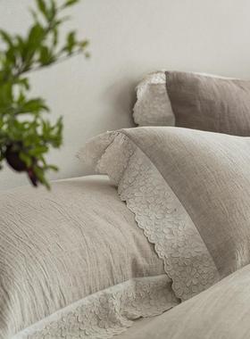 日式复古简约宽边蕾丝亚麻棉四件套浪漫立体柔韧舒爽四季床笠款