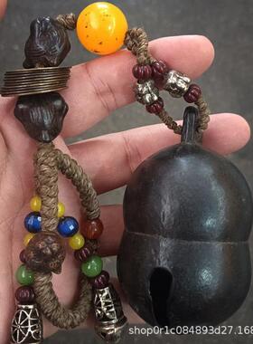 玩古玩器八卦铃铛手把件藏银五帝铜钱手把绳收PGA铜藏头兽铃铛文