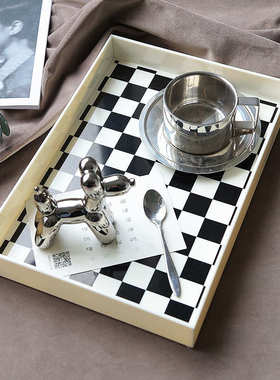 北欧ins黑白棋盘格进门玄关放钥匙收纳摆件家居装饰品桌面整理盘