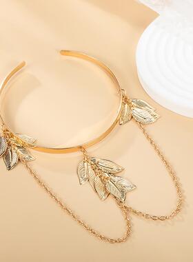 亚马逊新款手饰 欧美个性金色多层叶子重叠开口臂环手环厂家直销