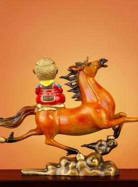 高档《马上封子侯》二全办铜彩绘马摆件十生肖铜猴新中式公室摆设