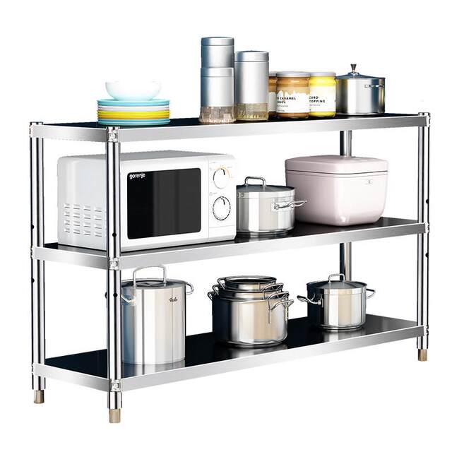 Shelf 304 pot rack 3o4 three-layer kitchen stainless steel storage rack storage microwave oven floor multi-layer thickened and thickened