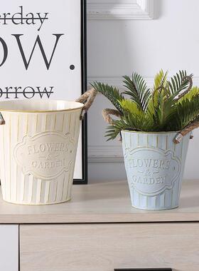 宽口复古做旧白色铁皮花盆麻绳双耳铁手铁艺花桶鲜花绿植装饰套盆