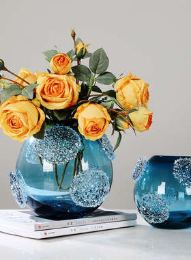 轻奢蓝色琉璃花瓶摆件可水培客厅餐桌售楼处酒店别墅插花花器装饰