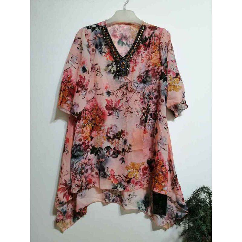 新款夏女雪纺套装妈妈休闲印花薄加大V领亮钻胖姐m网红两件花套衫,淘宝优惠券,粉丝福利购,淘宝优惠卷