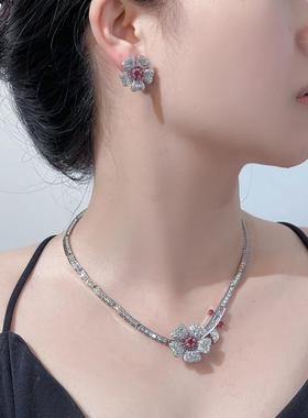 新品花朵微镶锆石项链耳环两件套晚宴配礼服珠宝新娘婚礼婚纱配饰
