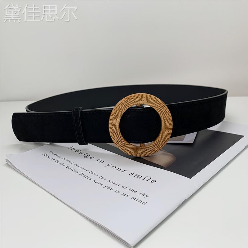 女宽皮带绒面时尚百搭圆扣配大衣裙子腰带女毛衣黑色腰封女生皮带 - 图0