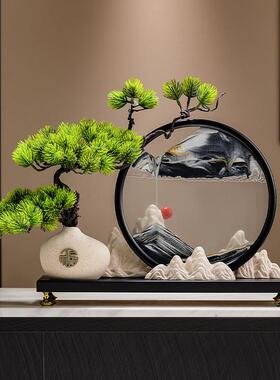 新中式迎客松流沙画 画办公室办公桌装饰品摆件客厅家居博古架工