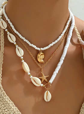 跨境欧美个性软陶项链时尚椰树海星百花吊坠长款项链叠戴式锁骨链