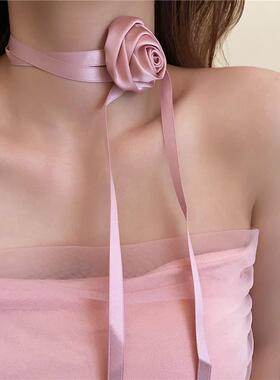 纯欲风~丝带玫瑰花颈链女款2024新款锁骨链高级感项链配饰