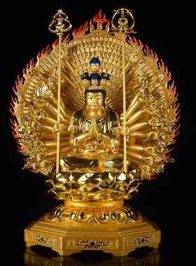 高档千观音佛木雕彩像绘贴金手千手千眼观世音菩萨家用供奉创像意