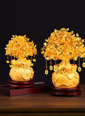 开招财黄水晶礼发财树摆件业酒柜装饰家居客厅玄2022.05.关小摇钱