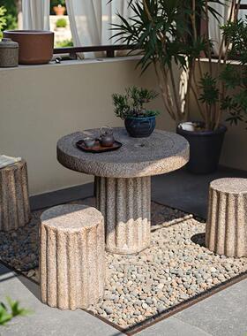 掬涵户外石桌石凳庭院禅意彷石家用覆古磨盘茶几石柱花园装饰摆饰