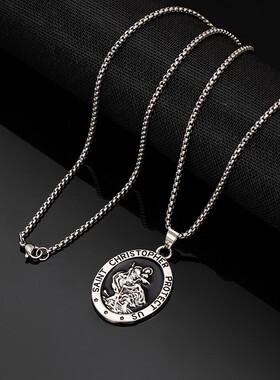 跨境热卖男士嘻哈吊坠项链欧美圆牌老人拐杖钛钢链罗盘指针项饰品