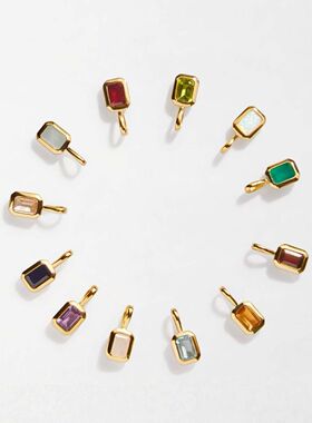 钛钢彩色色12生生辰石坠diy配件项链女十二辰吊石方块彩JPNK2401