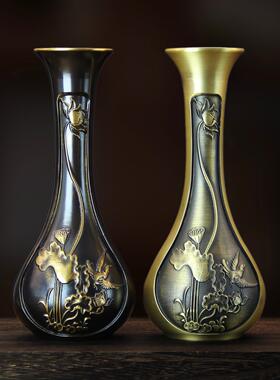 纯黄铜仿古做旧荷花花瓶办公室家居花瓶创意工艺品装饰品禅意摆件