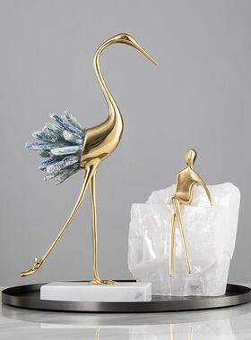 轻奢摆件现代客厅玄关电视柜水晶纯铜仙鹤家居装饰品乔迁新居礼品