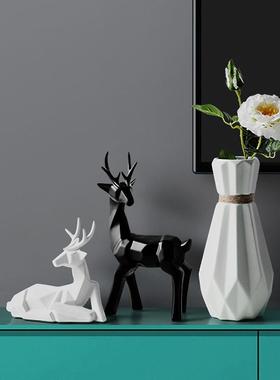 北欧陶瓷黑白鹿摆件客厅电视柜玄关酒柜装饰品乔迁送礼品结婚礼物