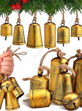 跨境热卖圣诞铃铛挂件麻绳铃铛金属复古喇叭铃家居壁挂铁牛铃现货