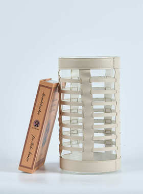 现代轻奢皮革玻璃条纹圆柱花器摆件客厅玄关餐桌样板房售楼处饰品