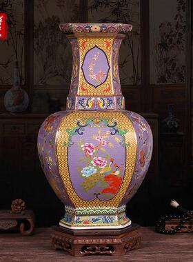 六方珐琅彩瓷器花鸟瓶景德镇陶瓷落地大花瓶客厅摆件工艺品青花瓷