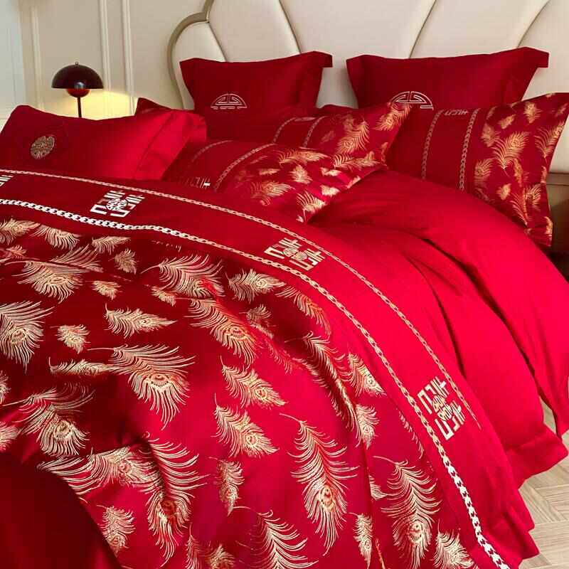 结婚喜庆床上用品四件套高档婚庆纯棉全棉床单被套大红色新婚嫁房,淘宝优惠券,粉丝福利购,淘宝优惠卷