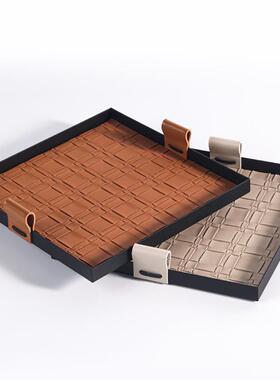 轻奢高级感编织皮革托盘样板间酒店展厅饰品收纳盘皮质置物盘摆件