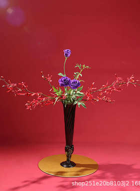 陶瓷高壁花瓶花器日式小原流池坊高脚插花器皿客厅家居摆件插花器