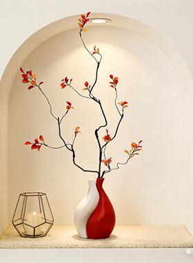 拼色中古风花瓶陶瓷玄关摆件轻奢高级感客厅电视柜小众插花仿真花