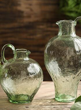 绿色单耳锤纹玻大璃肚花56瓶厅水客落地圆肚养大花器摆件