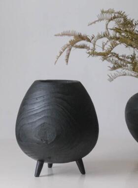 黑色实木漆面花桶花瓶摆件干 干燥花花器手工覆古彷古民宿
