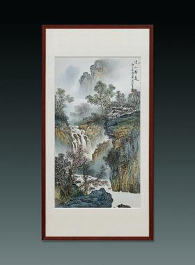 景德镇瓷板画手绘中式山水挂画客厅沙发书房玄关装饰画实木背景画