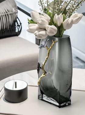 现代轻奢烟器RV7038灰色玻璃花花瓶客厅干花样板售楼装处饰桌面软