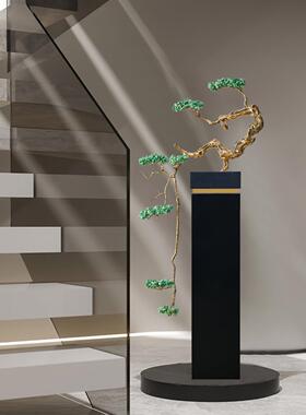 新中式轻奢迎客松大型落地摆件客厅沙发电视柜旁招财楼梯下装饰品